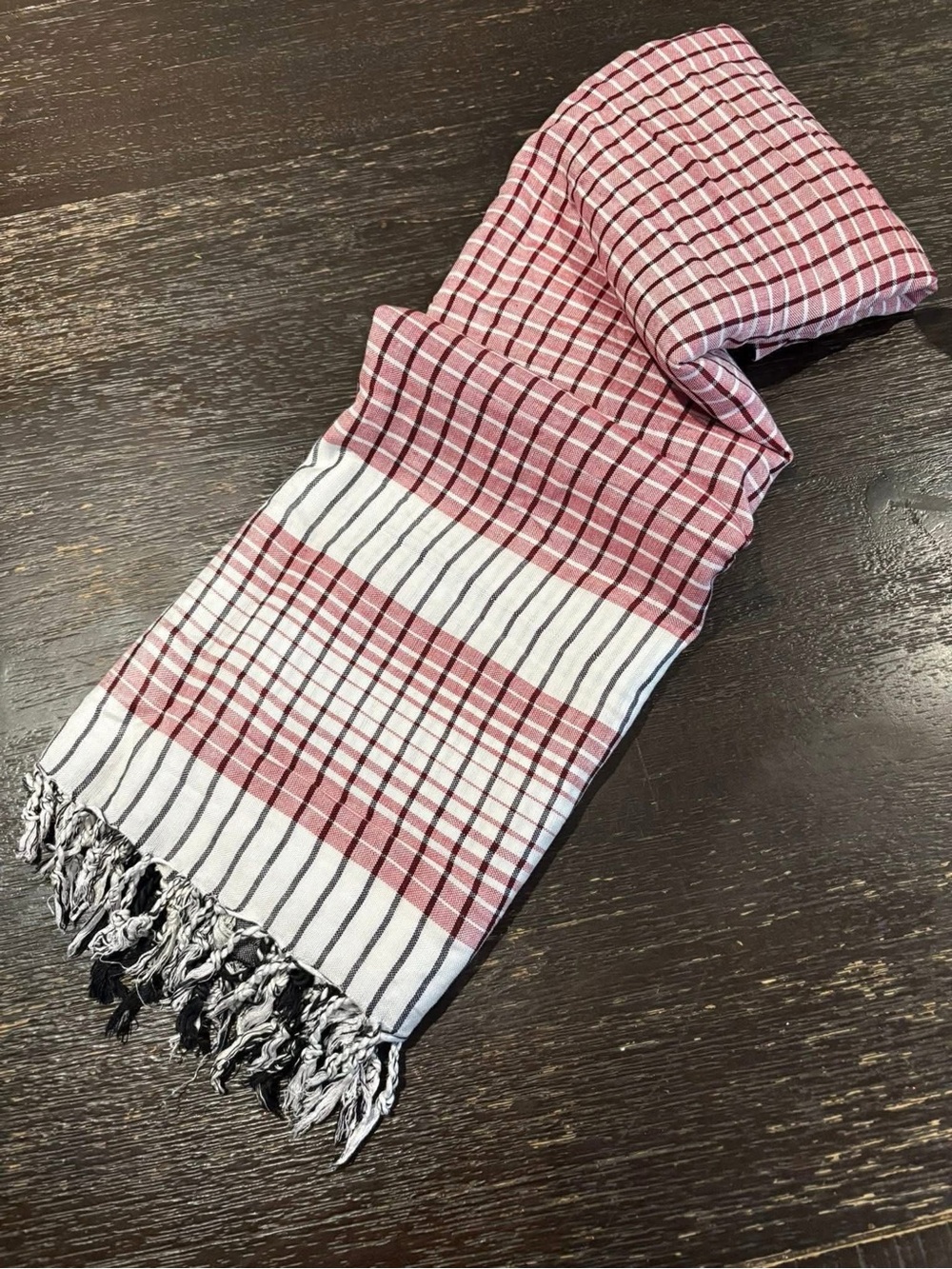 Striped Burgundy and White Woven Scarf with Fringe